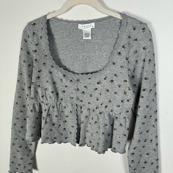 Kirious Babydoll Top Large Gray Floral Waffle Knit Long Sleeve Crop Fairycore - Picture 5 of 12